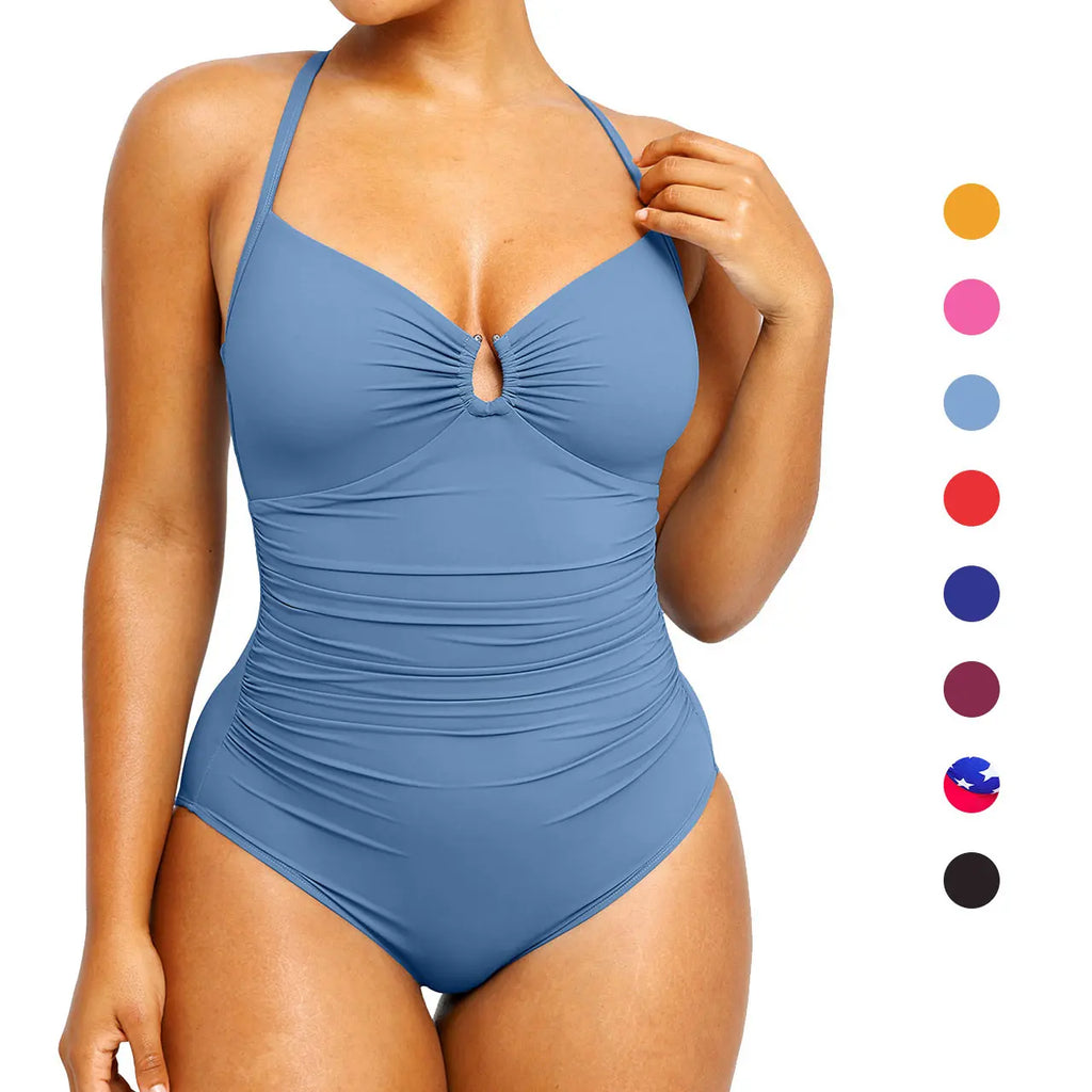 Ruched Tummy Control One-Piece Swimsuit – Halter Neck, Push-Up, Slimming Bathing Suit for Women