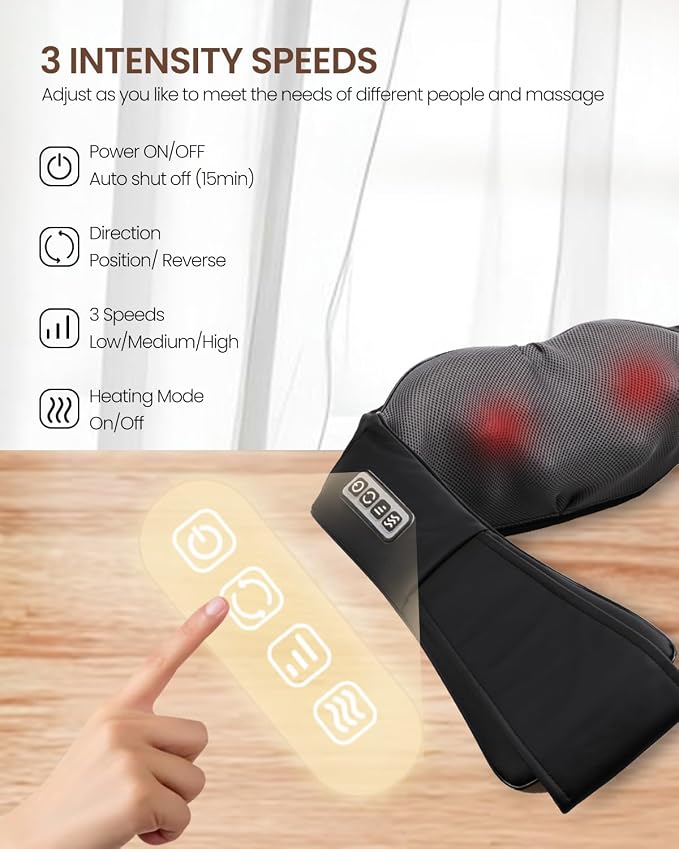 Shiatsu Neck & Shoulder Massager with Heat – Deep Tissue Kneading, 3 Speeds, Use at Home, Office & Car
