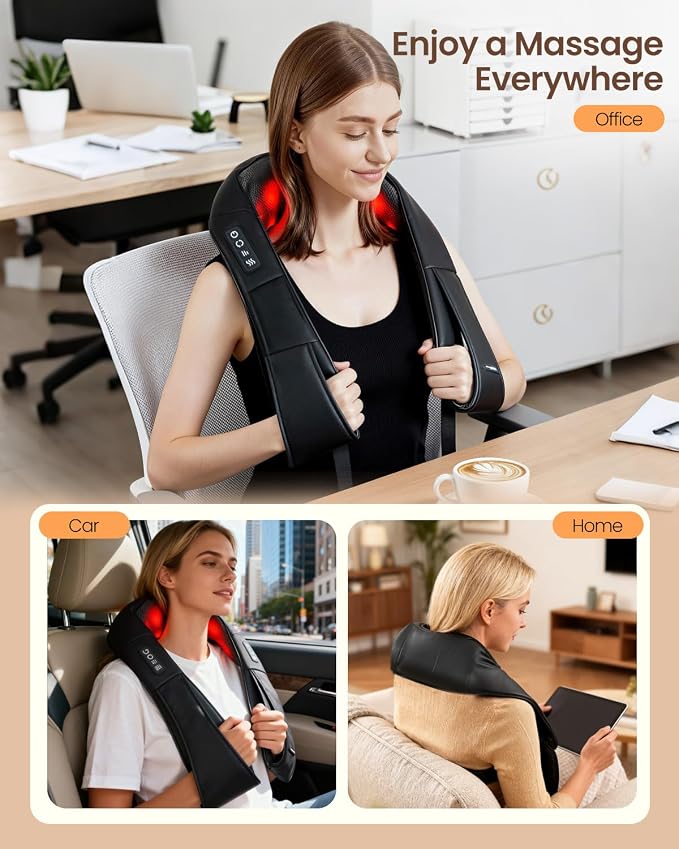 Shiatsu Neck & Shoulder Massager with Heat – Deep Tissue Kneading, 3 Speeds, Use at Home, Office & Car